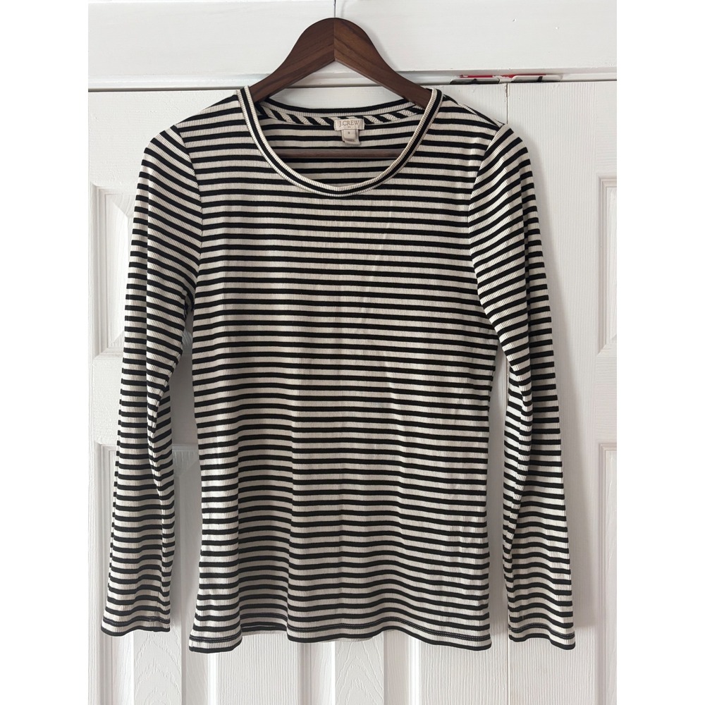 J.Crew Womens Ribbed Striped Long Sleeve T-Shirt Black Ivory Crew Neck Size M